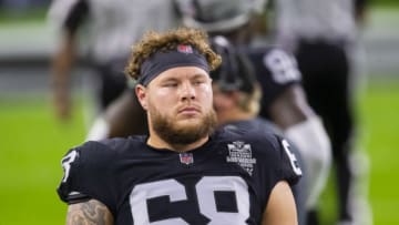 Nov 22, 2020; Paradise, Nevada, USA; Las Vegas Raiders offensive tackle Andre James (68) against the Kansas City Chiefs at Allegiant Stadium. Mandatory Credit: Mark J. Rebilas-USA TODAY Sports