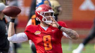 Jan 27, 2021; Mobile, AL, USA; National quarterback Feleipe Franks of Arkansas (8) throws during National practice at Hancock Whitney Stadium. Mandatory Credit: Vasha Hunt-USA TODAY Sports