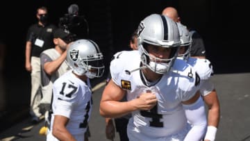 Sep 19, 2021; Pittsburgh, Pennsylvania, USA; Las Vegas Raiders quarterback Derek Carr warms takes the field before playing against the Pittsburgh Steelers at Heinz Field. Mandatory Credit: Philip G. Pavely-USA TODAY Sports