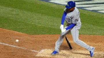Oct 30, 2015; New York City, NY, USA; Kansas City Royals batter Raul Mondesi makes his major league debut as a pinch hitter against the New York Mets in the 5th inning in game three of the World Series at Citi Field. Mandatory Credit: Brad Penner-USA TODAY Sports