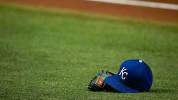 Aug 28, 2015; St. Petersburg, FL, USA; Kansas City Royals hat and glove lays on the field prior to the game against the Tampa Bay Rays at Tropicana Field. Mandatory Credit: Kim Klement-USA TODAY Sports
