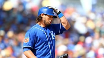 Mar 2, 2016; Surprise, AZ, USA; Kansas City Royals outfielder Brett Eibner against the Texas Rangers during a Spring Training game at Surprise Stadium. Mandatory Credit: Mark J. Rebilas-USA TODAY Sports