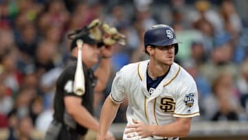 Jun 13, 2016; San Diego, CA, USA; San Diego Padres first baseman Wil Myers (4) hits a solo home run during the first inning against the Miami Marlins at Petco Park. Mandatory Credit: Jake Roth-USA TODAY Sports