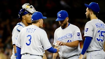 Jul 16, 2016; Detroit, MI, USA; Kansas City Royals manager Ned Yost (3) takes the ball to relieve starting pitcher Danny Duffy (41) in the seventh inning against the Detroit Tigers at Comerica Park. Mandatory Credit: Rick Osentoski-USA TODAY Sports