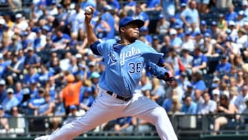 Jul 9, 2016; Kansas City, MO, USA; Kansas City Royals starting pitcher Edinson Volquez (36) delivers a pitch in the first inning against the Seattle Mariners at Kauffman Stadium. Mandatory Credit: Denny Medley-USA TODAY Sports