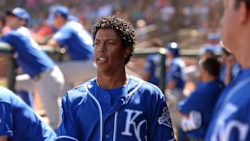 Mar 30, 2016; Surprise, AZ, USA; Kansas City Royals shortstop Raul Mondesi (27) looks on form the dugout during the sixth inning against the Texas Rangers at Surprise Stadium. Mandatory Credit: Jake Roth-USA TODAY Sports