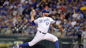 Jun 18, 2016; Kansas City, MO, USA; Kansas City Royals relief pitcher Wade Davis (17) delivers a pitch against the Detroit Tigers in the ninth inning at Kauffman Stadium. Kansas City won 16-5. Mandatory Credit: John Rieger-USA TODAY Sports