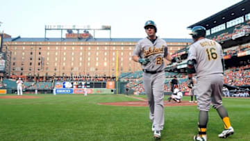 Aug 17, 2015; Baltimore, MD, USA; Oakland Athletics third baseman Danny Valencia (26) high fives designated hitter Billy Butler (16) after hitting a home run in the second inning against the Baltimore Orioles at Oriole Park at Camden Yards. Mandatory Credit: Evan Habeeb-USA TODAY Sports