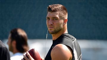 Aug 16, 2015; Philadelphia, PA, USA; Philadelphia Eagles quarterback Tim Tebow (11) warms up before a preseason NFL football game against the Indianapolis Colts at Lincoln Financial Field. Mandatory Credit: Derik Hamilton-USA TODAY Sports