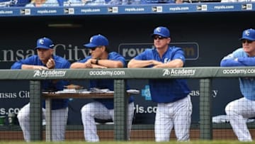 May 18, 2016; Kansas City, MO, USA; Kansas City Royals coaches Ned Yost (3), Dave Eiland (58), Don Wakamatsu (22) and Pedro Grifol (28) look on from the dugout against the Boston Red Sox during the fifth inning at Kauffman Stadium. Mandatory Credit: Peter G. Aiken-USA TODAY Sports