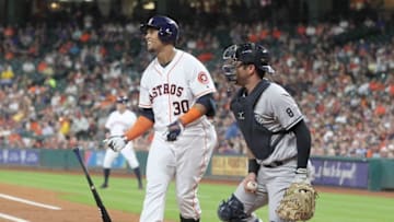 Jul 25, 2016; Houston, TX, USA; Houston Astros center fielder Carlos Gomez (30) strikes out to end the inning with a man in scoring position against the New York Yankees in the second inning at Minute Maid Park. Mandatory Credit: Thomas B. Shea-USA TODAY Sports