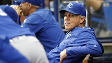Aug 4, 2016; St. Petersburg, FL, USA; Kansas City Royals manager Ned Yost (3) looks on from the dugout during the second inning against the Tampa Bay Rays at Tropicana Field. Mandatory Credit: Kim Klement-USA TODAY Sports