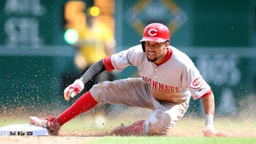 Aug 7, 2016; Pittsburgh, PA, USA; Cincinnati Reds center fielder Billy Hamilton (6) steals second base against the Pittsburgh Pirates during the seventh inning at PNC Park.The Reds won 7-3. Mandatory Credit: Charles LeClaire-USA TODAY Sports