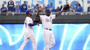 Oct 9, 2015; Kansas City, MO, USA; Kansas City Royals outfielder Jarrod Dyson (1) and Lorenzo Cain (6) celebrate after defeating the Houston Astros in game two of the ALDS at Kauffman Stadium. Mandatory Credit: John Rieger-USA TODAY Sports