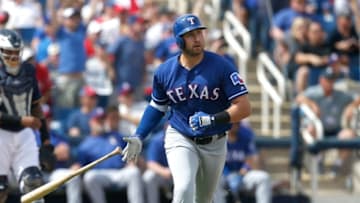 Mar 11, 2016; Phoenix, AZ, USA; Texas Rangers left fielder Joey Gallo (13) in the first inning during a spring training game against the Milwaukee Brewers at Maryvale Baseball Park. Mandatory Credit: Rick Scuteri-USA TODAY Sports