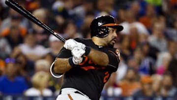 Sep 9, 2016; Detroit, MI, USA; Baltimore Orioles designated hitter Pedro Alvarez (24) hits a double in the fifth inning against the Detroit Tigers at Comerica Park. Mandatory Credit: Rick Osentoski-USA TODAY Sports