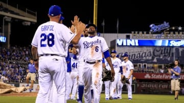 KANSAS CITY, MO - JULY 22: The Kansas City Royals celebrate defeating the Chicago White Sox 7-2 at Kauffman Stadium on July 22, 2017 in Kansas City, Missouri. (Photo by Brian Davidson/Getty Images)