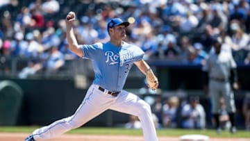 KANSAS CITY, MO - APRIL 28: Trevor Oaks #34 of the Kansas City Royals throws out the first pitch of his MLB debut in the first inning during game one of a doubleheader against the Chicago White Sox at Kauffman Stadium on April 28, 2018 in Kansas City, Missouri. (Photo by Brian Davidson/Getty Images)