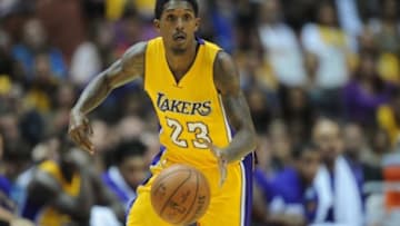 October 22, 2015; Anaheim, CA, USA; Los Angeles Lakers guard Louis Williams (23) moves the ball up court against the Golden State Warriors during the second half at Honda Center. Mandatory Credit: Gary A. Vasquez-USA TODAY Sports