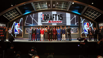 Jun 25, 2015; Brooklyn, NY, USA; Prospects pose for a group picture with NBA commissioner Adam Silver (holding basketball) before the start of the 2015 NBA Draft at Barclays Center. Mandatory Credit: Brad Penner-USA TODAY Sports