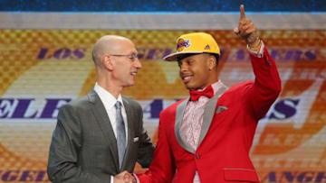 Jun 25, 2015; Brooklyn, NY, USA; D'Angelo Russell (Ohio State) shakes hands with NBA commissioner Adam Silver after being selected as the number two overall pick to the Los Angeles Lakers in the first round of the 2015 NBA Draft at Barclays Center. Mandatory Credit: Brad Penner-USA TODAY Sports