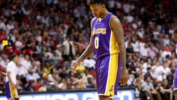 Nov 10, 2015; Miami, FL, USA; Los Angeles Lakers forward Nick Young (0) reacts during the second half against Miami Heat at American Airlines Arena. Mandatory Credit: Steve Mitchell-USA TODAY Sports