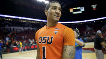 Dec 19, 2015; Portland, OR, USA; Oregon State Beavers guard Gary Payton II (1) looks back at his father after a game against the Tulsa Golden Hurricane at Moda Center at the Rose Quarter. The Beavers won 76-71. Mandatory Credit: Troy Wayrynen-USA TODAY Sports