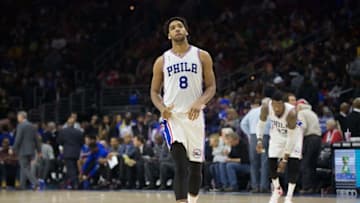 Dec 1, 2015; Philadelphia, PA, USA; Philadelphia 76ers center Jahlil Okafor (8) walks onto the floor after a timeout against the Los Angeles Lakers at Wells Fargo Center. The 76ers won 103-91. Mandatory Credit: Bill Streicher-USA TODAY Sports