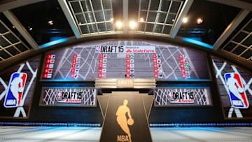 Jun 25, 2015; Brooklyn, NY, USA; General view of the stage before the start of the 2015 NBA Draft at Barclays Center. Mandatory Credit: Brad Penner-USA TODAY Sports