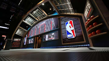 Jun 25, 2015; Brooklyn, NY, USA; General view of the stage before the start of the 2015 NBA Draft at Barclays Center. Mandatory Credit: Brad Penner-USA TODAY Sports