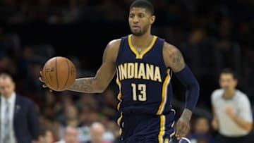 Apr 2, 2016; Philadelphia, PA, USA; Indiana Pacers forward Paul George (13) in action against the Philadelphia 76ers at Wells Fargo Center. The Indiana Pacers won 115-102. Mandatory Credit: Bill Streicher-USA TODAY Sports