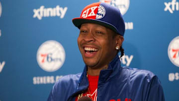 Apr 8, 2016; Philadelphia, PA, USA; Philadelphia 76ers legend Allen Iverson talks about his selection for enshrinement in the Naismith Memorial Basketball Hall of Fame as a member of the Class of 2016 during a press conference at Wells Fargo Center. Mandatory Credit: Bill Streicher-USA TODAY Sports
