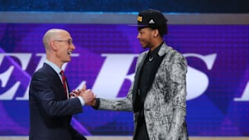 Jun 23, 2016; New York, NY, USA; Brandon Ingram (Duke) greets NBA commissioner Adam Silver after being selected as the number two overall pick to the Los Angeles Lakers in the first round of the 2016 NBA Draft at Barclays Center. Mandatory Credit: Brad Penner-USA TODAY Sports