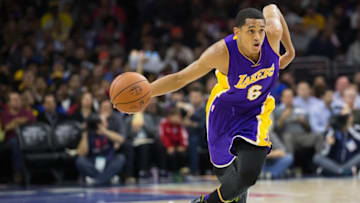 Dec 1, 2015; Philadelphia, PA, USA; Los Angeles Lakers guard Jordan Clarkson (6) dribbles against the Philadelphia 76ers at Wells Fargo Center. The 76ers won 103-91. Mandatory Credit: Bill Streicher-USA TODAY Sports