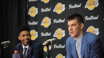 July 5, 2016; El Segundo, CA, USA; Los Angeles Lakers draft picks Ivica Zubac and Brandon Ingram are introduced to media at Toyota Sports Center. Mandatory Credit: Gary A. Vasquez-USA TODAY Sports