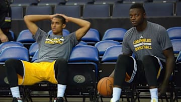 Oct 8, 2015; Ontario, CA, USA; Los Angeles Lakers guard Jordan Clarkson (6) talks with forward Julius Randle (30) before the game against the Toronto Raptors at Citizens Business Bank Arena. Mandatory Credit: Jayne Kamin-Oncea-USA TODAY Sports