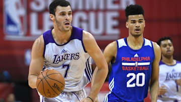 Jul 9, 2016; Las Vegas, NV, USA; Los Angeles Lakers forward Larry Nance Jr (7) dribbles the ball during an NBA Summer League game against the Philadelphia 76ers at Thomas & Mack Center. Mandatory Credit: Stephen R. Sylvanie-USA TODAY Sports
