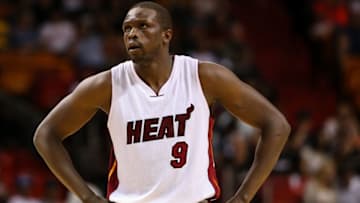 Nov 1, 2015; Miami, FL, USA; Miami Heat forward Luol Deng (9) looks on during the second half against the Houston Rockets at American Airlines Arena. The Heat won 109-89. Mandatory Credit: Steve Mitchell-USA TODAY Sports