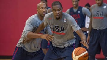 Jul 18, 2016; Las Vegas, NV, USA; USA assistant coach Monty Williams and USA guard Kevin Durant (5) are seen during a USA basketball practice at Mendenhall Center, U of Las Vegas. Mandatory Credit: Joshua Dahl-USA TODAY Sports