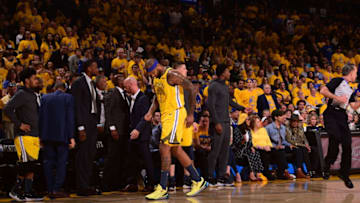 OAKLAND, CA - APRIL 15: DeMarcus Cousins #0 of the Golden State Warriors walks off the court after sustaining an injury to his quad during a game against against the LA Clippers during Game Two of Round One of the 2019 NBA Playoffs on April 15, 2019 at ORACLE Arena in Oakland, California. NOTE TO USER: User expressly acknowledges and agrees that, by downloading and or using this photograph, user is consenting to the terms and conditions of Getty Images License Agreement. Mandatory Copyright Notice: Copyright 2019 NBAE (Photo by Noah Graham/NBAE via Getty Images)