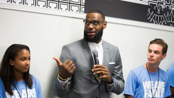 AKRON, OH - JULY 30: LeBron James addresses the media following the grand opening of the I Promise school on July 30, 2018 in Akron, Ohio. The new school is a partnership between the LeBron James Family foundation and Akron Public Schools. NOTE TO USER: User expressly acknowledges and agrees that, by downloading and/or using this Photograph, user is consenting to the terms and conditions of the Getty Images License Agreement. Mandatory Copyright Notice: Copyright 2018 NBAE (Photo by Allison Farrand/NBAE via Getty Images)