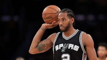 LOS ANGELES, CA - NOVEMBER 18: Kawhi Leonard #2 of the San Antonio Spurs looks on during the first half of a game against the Los Angeles Lakers at Staples Center on November 18, 2016 in Los Angeles, California. NOTE TO USER: User expressly acknowledges and agrees that, by downloading and or using this photograph, User is consenting to the terms and conditions of the Getty Images License Agreement (Photo by Sean M. Haffey/Getty Images)
