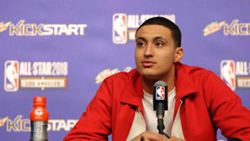 LOS ANGELES, CA - FEBRUARY 16: Kyle Kuzma #0 of Team USA talks to the media during a press conference after the Mountain Dew Kickstart Rising Stars Game as part of All-Star Friday Night at 2018 NBA All-Star Weekend at the STAPLES Center on February 16, 2018 in Los Angeles, California. NOTE TO USER: User expressly acknowledges and agrees that, by downloading and/or using this photograph, user is consenting to the terms and conditions of the Getty Images License Agreement. Mandatory Copyright Notice: Copyright 2018 NBAE (Photo by Steven Baffo/NBAE via Getty Images)