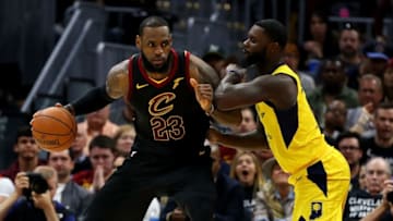 CLEVELAND, OH - APRIL 29: LeBron James #23 of the Cleveland Cavaliers tries to get around Lance Stephenson #1 of the Indiana Pacers during the first half in Game Seven of the Eastern Conference Quarterfinals during the 2018 NBA Playoffs at Quicken Loans Arena on April 29, 2018 in Cleveland, Ohio. NOTE TO USER: User expressly acknowledges and agrees that, by downloading and or using this photograph, User is consenting to the terms and conditions of the Getty Images License Agreement. (Photo by Gregory Shamus/Getty Images)