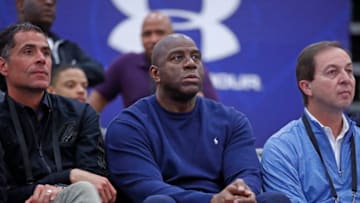 CHICAGO, IL - MAY 17: Rob Pelinka, Magic Johnson of the Los Angeles Lakers and Joe Lacob of the Golden State Warriors attend the NBA Draft Combine Day 1 at the Quest Multisport Center on May 17, 2018 in Chicago, Illinois. NOTE TO USER: User expressly acknowledges and agrees that, by downloading and/or using this Photograph, user is consenting to the terms and conditions of the Getty Images License Agreement. Mandatory Copyright Notice: Copyright 2018 NBAE (Photo by Jeff Haynes/NBAE via Getty Images)