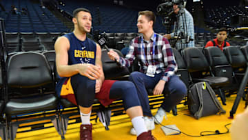 OAKLAND, CA - MAY 30: Larry Nance Jr. of the Cleveland Cavaliers speaks to the media during practice and media availability as part of the 2018 NBA Finals on MAY 30, 2018 at ORACLE Arena in Oakland, California. NOTE TO USER: User expressly acknowledges and agrees that, by downloading and or using this photograph, User is consenting to the terms and conditions of the Getty Images License Agreement. Mandatory Copyright Notice: Copyright 2018 NBAE (Photo by Jesse D. Garrabrant/NBAE via Getty Images)