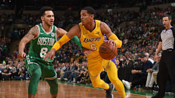 BOSTON, MA - NOVEMBER 8: Jordan Clarkson #6 of the Los Angeles Lakers drives to the basket against the Boston Celtics on November 8, 2017 at the TD Garden in Boston, Massachusetts. NOTE TO USER: User expressly acknowledges and agrees that, by downloading and or using this photograph, User is consenting to the terms and conditions of the Getty Images License Agreement. Mandatory Copyright Notice: Copyright 2017 NBAE (Photo by Brian Babineau/NBAE via Getty Images)