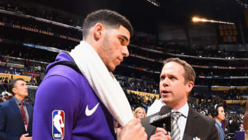 LOS ANGELES, CA - NOVEMBER 19: Lonzo Ball #2 of the Los Angeles Lakers talks to the media after the game against the Denver Nuggets on November 19, 2017 at STAPLES Center in Los Angeles, California. NOTE TO USER: User expressly acknowledges and agrees that, by downloading and/or using this Photograph, user is consenting to the terms and conditions of the Getty Images License Agreement. Mandatory Copyright Notice: Copyright 2017 NBAE (Photo by Andrew D. Bernstein/NBAE via Getty Images)