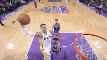 SACRAMENTO, CA - NOVEMBER 22: Kyle Kuzma #0 of the Los Angeles Lakers dunks the ball during the game against the Sacramento Kings on November 22, 2017 at Golden 1 Center in Sacramento, California. NOTE TO USER: User expressly acknowledges and agrees that, by downloading and or using this Photograph, user is consenting to the terms and conditions of the Getty Images License Agreement. Mandatory Copyright Notice: Copyright 2017 NBAE (Photo by Rocky Widner/NBAE via Getty Images)