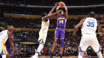 LOS ANGELES, CA - NOVEMBER 29: Brandon Ingram #14 of the Los Angeles Lakers shoots the ball against the Golden State Warriors on November 29, 2017 at STAPLES Center in Los Angeles, California. NOTE TO USER: User expressly acknowledges and agrees that, by downloading and/or using this Photograph, user is consenting to the terms and conditions of the Getty Images License Agreement. Mandatory Copyright Notice: Copyright 2017 NBAE (Photo by Andrew D. Bernstein/NBAE via Getty Images)